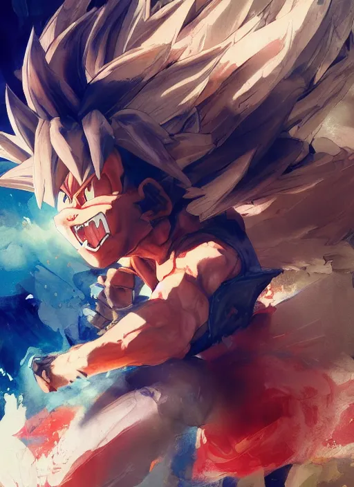 Image similar to semi reallistic gouache gesture painting, by yoshitaka amano, by ruan jia, by Conrad roset, by dofus online artists, detailed anime 3d render of goku KID super Saiyan, young goku blond, portrait, cgsociety, artstation, rococo mechanical, Digital reality, sf5 ink style, dieselpunk atmosphere, gesture drawn