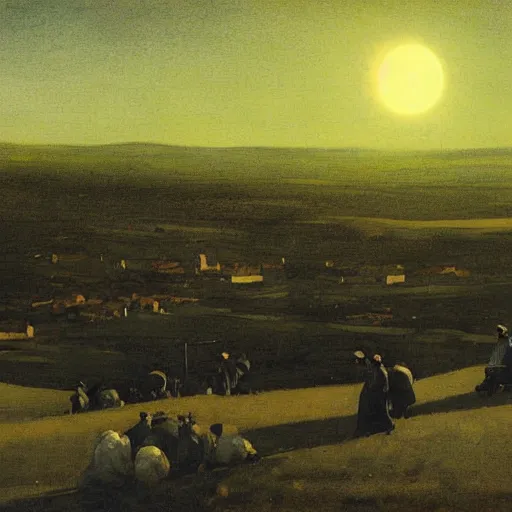 Image similar to dark solar eclipse, above a village, highly detailed, studio 4 k quality, by ramon casas