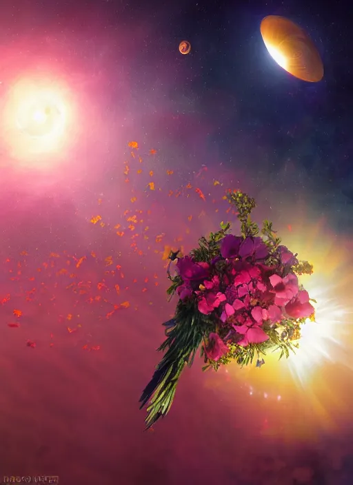 Image similar to An epic fantastic realism comic book style painting of the most beautiful flowers launched into space, bouquets, solar eclipse, fisheye, unreal 5, DAZ, hyperrealistic, octane render, dynamic lighting