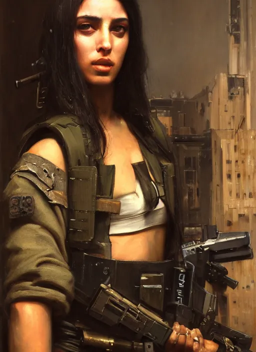 Image similar to buff Ella. beautiful cyberpunk soldier wearing a military vest and military gear (cyberpunk 2077). gorgeous face. Iranian orientalist portrait by john william waterhouse and Edwin Longsden Long and Theodore Ralli and Nasreddine Dinet, oil on canvas. Cinematic, hyper realism, realistic proportions, dramatic lighting, high detail 4k