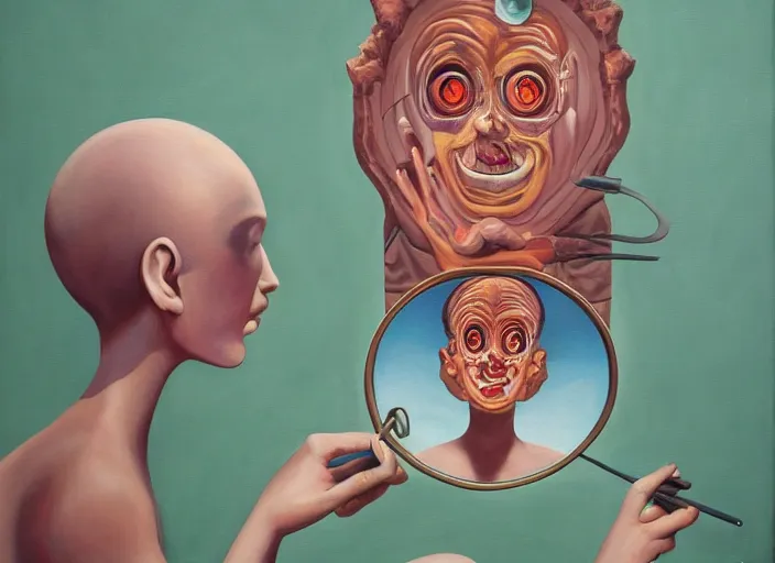 Image similar to a painting of a person looking in a mirror, a surrealist painting by Taro Okamoto, behance contest winner, pop surrealism, surrealist, cosmic horror, biomorphic