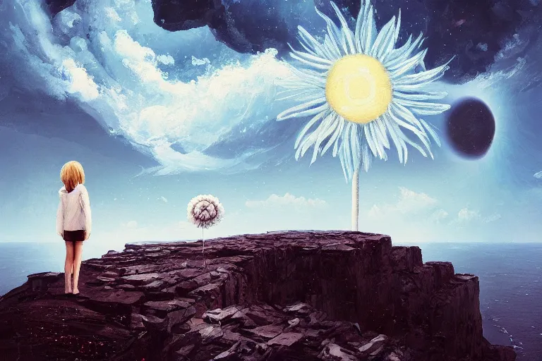 Prompt: giant white daisy flower blooming head, girl standing on cliff, surreal photography, solar eclipse, milky way, dramatic light, impressionist painting, clouds, digital painting, artstation, james gilleard, liam wong, jeremy mann, simon stalenhag