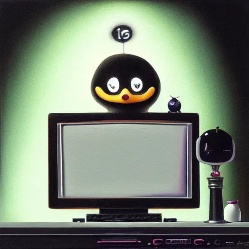 Image similar to pingu sitting behind a computer, painted by mark ryden, art, epic lighting