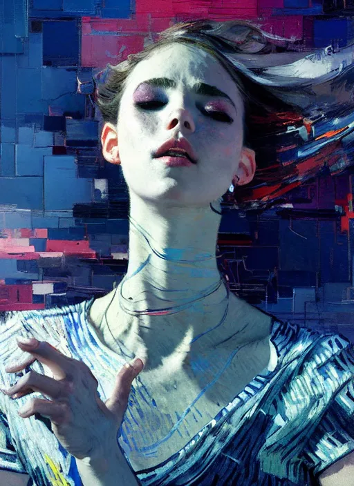 Prompt: portrait of beautiful girl, ecstatic, dancing, eyes closed, shades of blue and grey, new yotk backdrop, beautiful face, rule of thirds, intricate outfit, spotlight, by greg rutkowski, by jeremy mann, by francoise nielly, by van gogh, digital painting