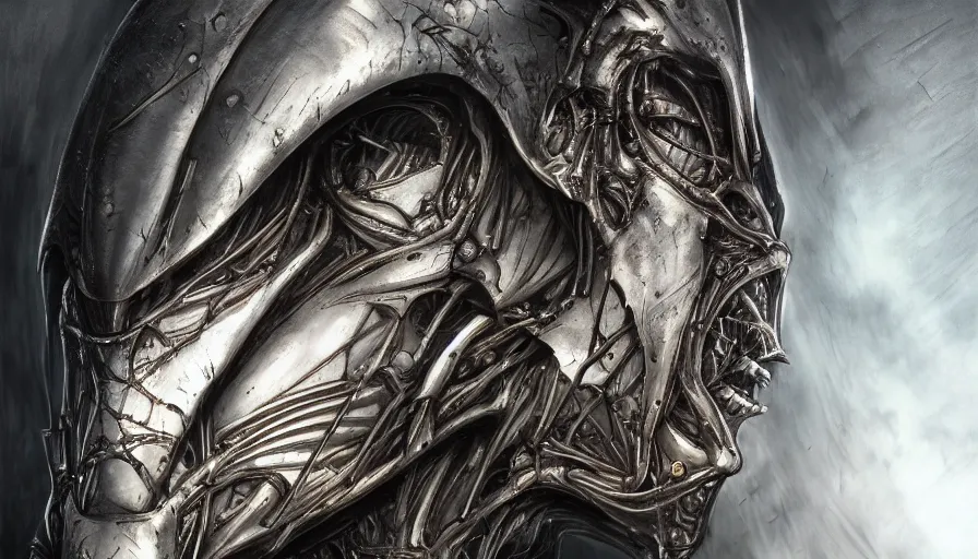 Image similar to sauron by yoshitaka amano, by hr giger, biomechanical, profile portrait, wide ayes, hyper detailed, hyperrealism, anime, deviantart, artstation, hadron antimatter vacuum reactor, photorealistic, 4 k, god rays, highly detailed, vray rendering, unreal engine