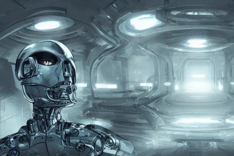 Image similar to futuristic environment with cybernetic head sculpture, concept art