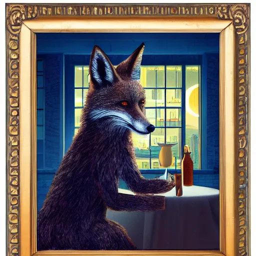 Image similar to humanoid fox detective in an evil restaurant. dark, moonlight through window. fine art, masterpiece painting, 4 k