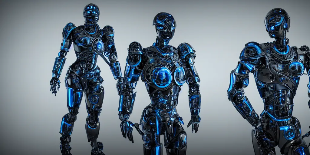 Image similar to a futuristic male humanoid robot, heavily armed, ornate armor, using a schematic blue print as a guide, photo realistic, dark fantasy, 4 k, full body