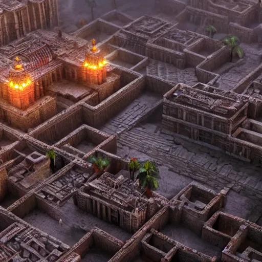 Image similar to dense aztec city, highly detailed, tilt shift, volumetric lighting concept art, octane render