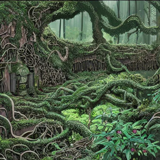 Prompt: hyper-detailed concept art for an ancient underground shrine with lots of vines and moss growing by masashi kishimoto