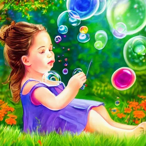 Image similar to a little girl in a beautiful garden blowing bubbles. beautiful cartoon painting art, high quality, detailed face, on a birthday card