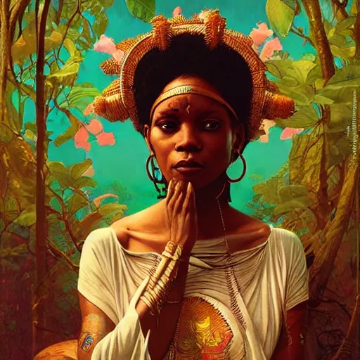 Prompt: Puma Badu as a goddess , A stunning masterpiece, Highly Detailed, Photorealism, by Greg rutkowski, Sachin Teng, Thomas Kindkade, Alphonse Mucha, Norman Rockwel