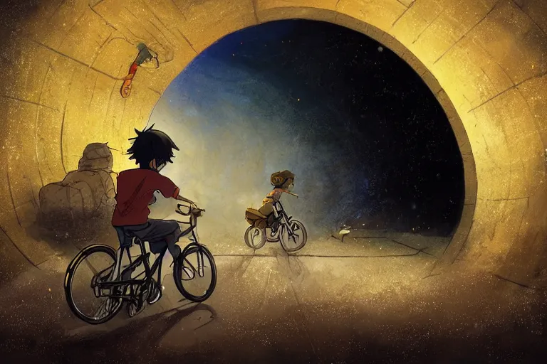 Image similar to a boy riding his bike alone through a tunnel at night sky, high intricate details, rule of thirds, golden ratio, cinematic light, anime style, graphic novel by fiona staples and dustin nguyen, by beaststars and orange, peter elson, alan bean, studio ghibli, makoto shinkai