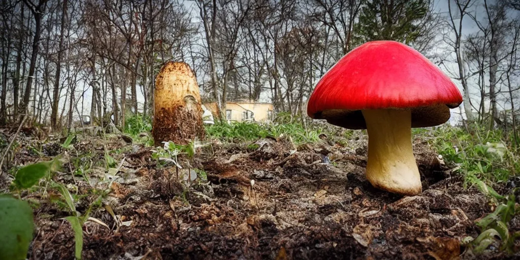 Image similar to cozy residence in the cap of an amantia muscaria mushroom with chimney