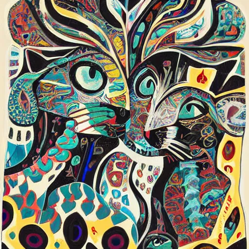 Prompt: A highly stylized conceptual art 4k shaded, finely detailed, matte painting with intricate textures and patterns of two abstract expressionist cats , their bodies intertwined together in the style of Lee Krasner