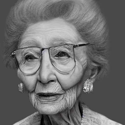 Prompt: A photo of a portrait of a 95 year old lady, trending on Art Station, high detailed, photorealistic