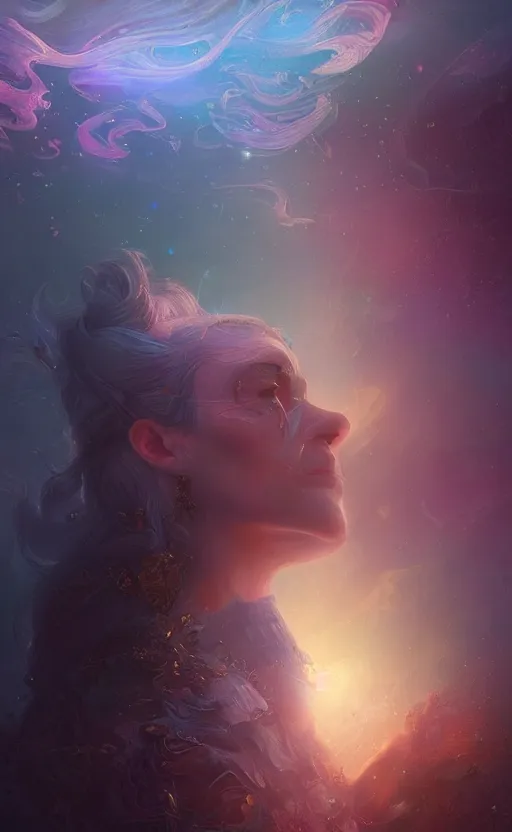 Image similar to the great beyond, sharp focus, intricate, elegant, digital painting, artstation, matte, highly detailed, concept art, illustration, volumetric lighting, gold and blue and pink color scheme, bokeh light, art by greg olsen and liz lemon swindle