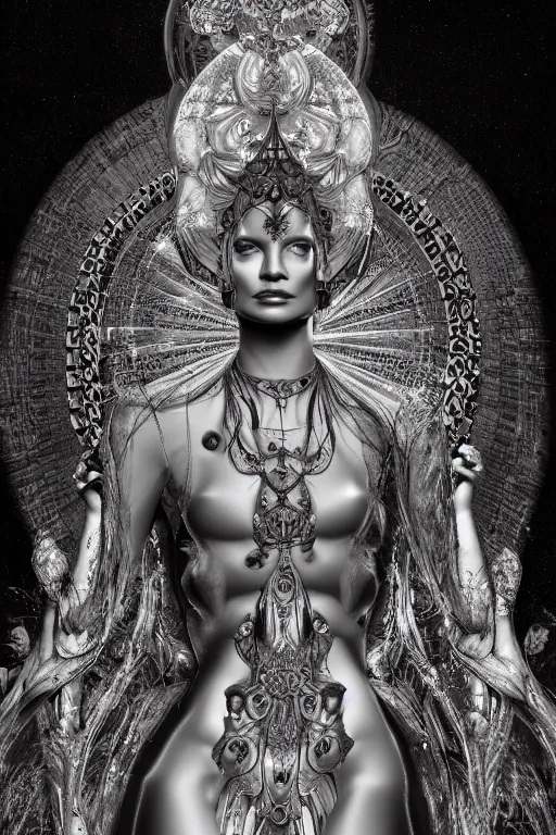 Prompt: a realistic dark photo of a beautiful ancient alien woman goddess kate moss nataraja in iris van herpen dress jewelery and fractals in style of alphonse mucha art nuvo dmt trending on artstation made in unreal engine 4