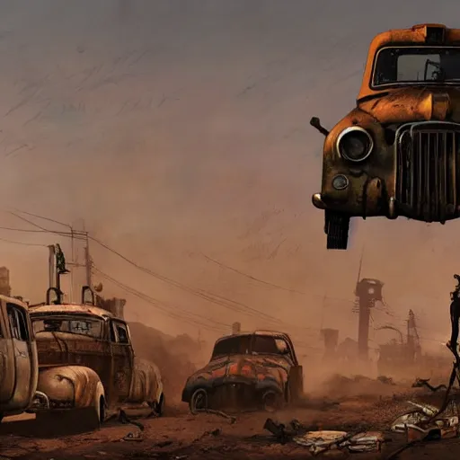 Image similar to fallout 4 wasteland, mad max fury road style painting