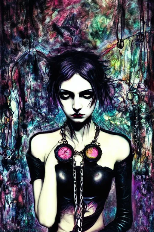 Prompt: dreamy gothic girl, black leather slim clothes, chains, colorful rings, beautiful body, detailed acrylic, grunge, intricate complexity, by dan mumford and by alberto giacometti, peter lindbergh