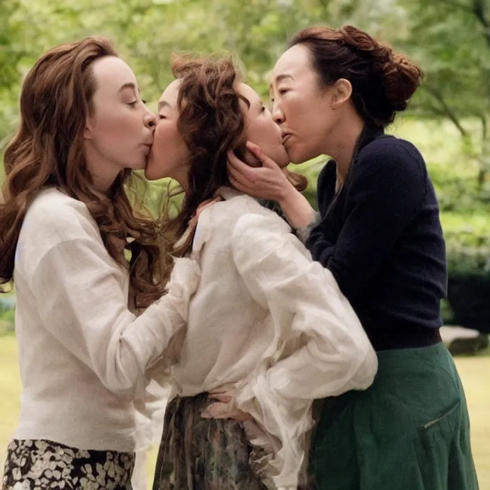 Image similar to jodie comer and sandra oh kiss, beautiful movie stills