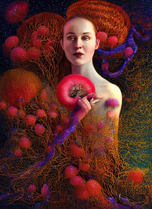 Image similar to hyper detailed 3d render like a Oil painting - Aurora (Singer) Eats of the Strangling Fruit and Her gossamer polyp blossoms bring iridescent fungal flowers whose spores black the foolish stars by Jacek Yerka, Mariusz Lewandowski, Houdini algorithmic generative render, Abstract brush strokes, Masterpiece, Edward Hopper and James Gilleard, Zdzislaw Beksinski, Mark Ryden, Wolfgang Lettl, hints of Yayoi Kasuma, octane render, 8k