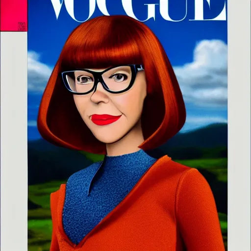 Image similar to Vogue Magazine spread of Velma from Scooby Doo, 4k, photorealistic