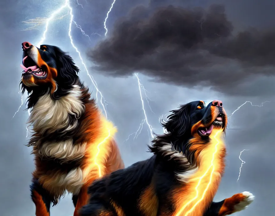 Image similar to an epic painting of a male anthropomorphic bernese mountain dog as zeus, shooting lightning bolts from his paws, by greg rutkowski, intricate details, artstation, furry, cinematic, hd, beautiful