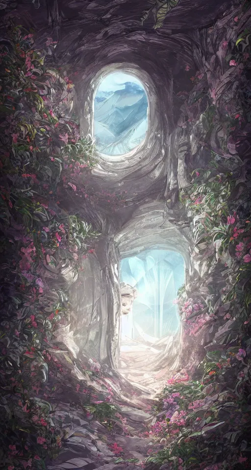 Image similar to A beautiful artwork illustration, an entrance across dimensions, featured on artstation, wide angle, vertical orientation
