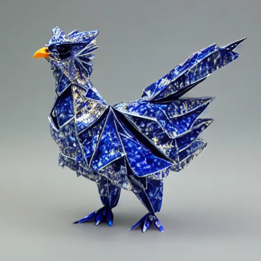 Prompt: beautiful, glorious crystallized porcelain origami chicken emperor, blue and silver colors, intricate details, realistic, reflective 3 d rtx hd