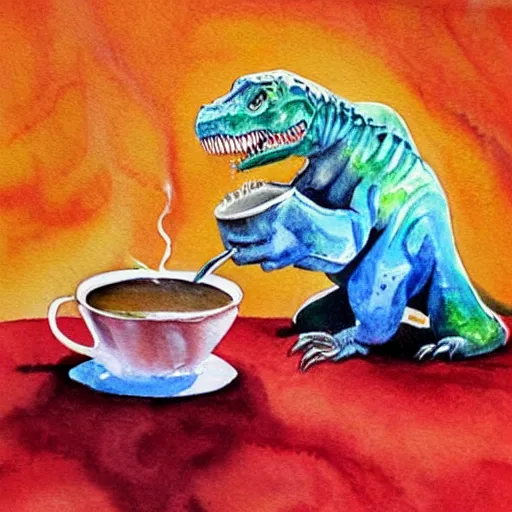 Prompt: a t-rex drinking from a cup of coffee on a sunny day, water color painting, bright, beautiful