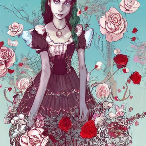 Image similar to Alice in Wonderland at the tea party, she looks like a mix of grimes and zoë kravitz, very long fingernails, childlike, hair and dress billowing dramatically in the wind, wearing heaving stacks of pearl necklaces, surrounded by red and white roses, digital illustration, inspired by a stylistic blend of Æon Flux by Peter Chung, Japanese shoujo manga, and murals by Shepard Fairey, hyper detailed!!! dreamlike, otherworldly and ethereal!!!!, delicate, flower petals, super photorealistic!! extremely fine inking lines, gradient colors