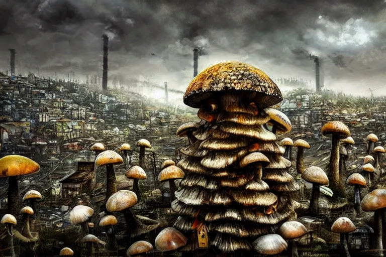 Image similar to favela mushroom beehive, fungus environment, industrial factory, apocalyptic, award winning art, epic dreamlike fantasy landscape, ultra realistic,