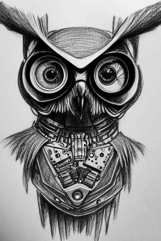 Prompt: detailed pencil drawing of an cyberpunk owl, she has mechanical wings, and the left eye is the lens of a camera