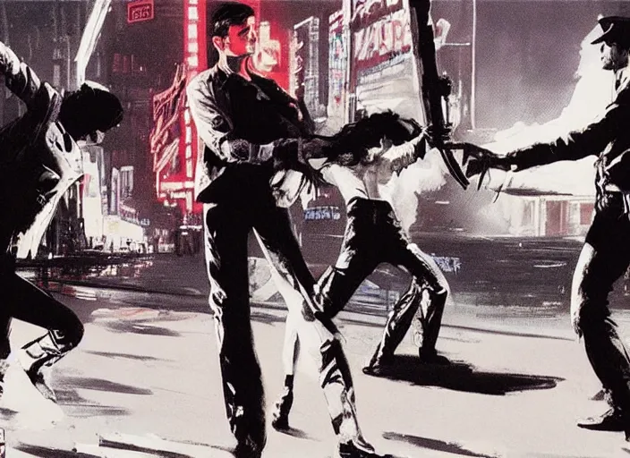 Prompt: a still from streets of fire ( 1 9 8 4 ), art by syd mead, very detailed, cinematic, high quality art,