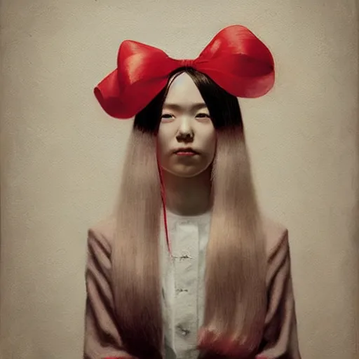 Prompt: Portrait of a japanese young lady with a long white!!!!!!! long white hair and a red ribbon, Rim Lighting, Lantern, by Sergey Kolesov