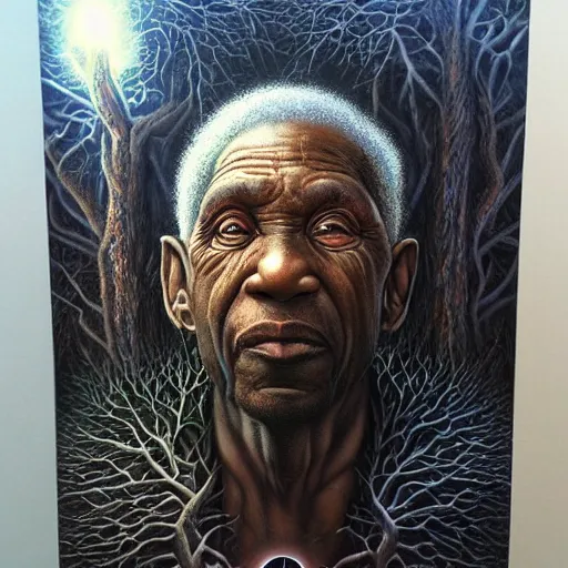 Prompt: The oracle of trees by Tomasz Alen Kopera, blind old black man, The oracle of trees, masterpiece