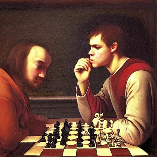 Prompt: renaissance painting of magnus carlsen playing chess