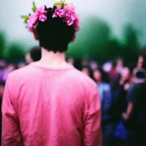 Image similar to kodak portra 4 0 0 photograph of a skinny goth guy standing in a crowd, back view, flower crown, moody lighting, telephoto, 9 0 s vibe, blurry background, vaporwave colors, faded!,