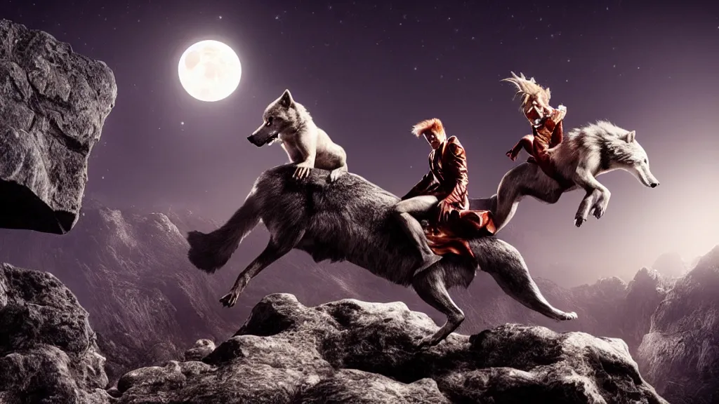 Prompt: Beautiful high resolution cinematography of David Bowie aka Ziggie Stardust, riding a giant silver wolf, while the wolf is on a giant boulder, with a massive moon in the background at night; Unreal Engine Render