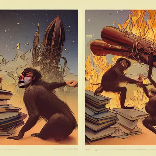 Image similar to [two monkeys throwing books in a bonfire, behind them space rockets are taking off. propaganda, closeup, D&D, intricate, elegant, highly detailed, digital painting, artstation, concept art, matte, sharp focus, illustration, art by Artgerm and Greg Rutkowski and Alphonse Mucha and Enki Bilal]