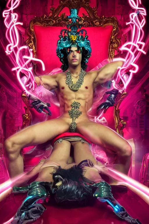 Image similar to full-body rococo and cyberpunk style neon statue of a muscular attractive Spanish papi sim roupa macho dotado e rico android sim roupa reclining con las piernas abiertas e la piroca dura e afuera, glowing red laser eyes, prince crown of red gears, diamonds, swirling black-colored silk fabric. futuristic elements. full-length view. aggressive space robots. giant balloon animals. human skulls. intricate artwork by caravaggio. Trending on artstation, octane render, cinematic lighting from the right, hyper realism, octane render, 8k, depth of field, 3D