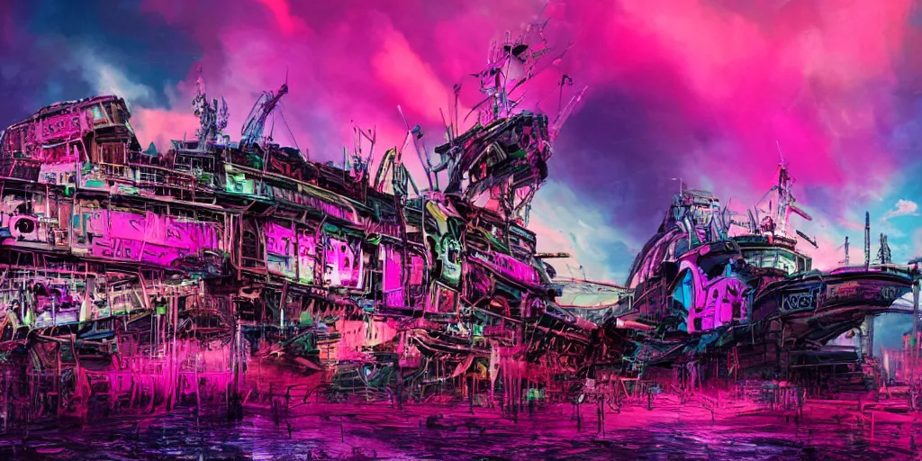 Image similar to punk big beautiful face, space, dungeon, pirate neon ship with punks on board, mohawks, neon, oil painting, pink, rich deep colors masterpiece, ultra detailed, contrast, heaven pink, lots of roman arches, punk rock with mohawks, clouds, sky, volumetric light, atmospheric lighting, dramatic, cinematic, moody, octane render 4 k, 8 k