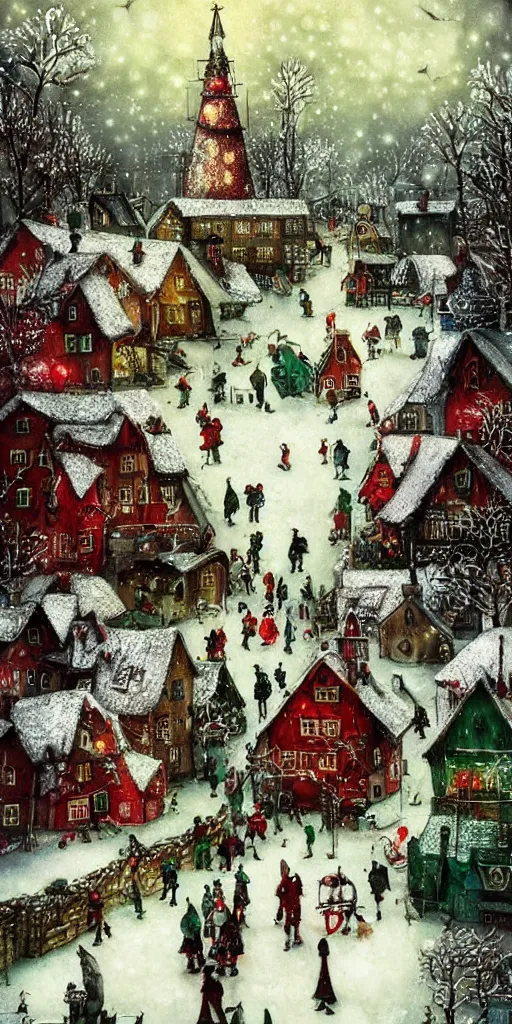 Prompt: a christmas ice skating village scene by alexander jansson