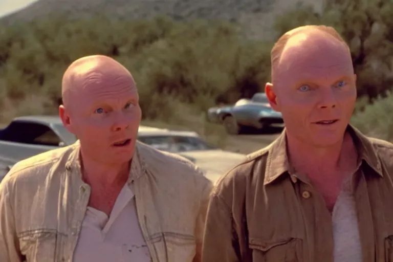 Image similar to a film still of Bill burr in a thelma and louise, high quality