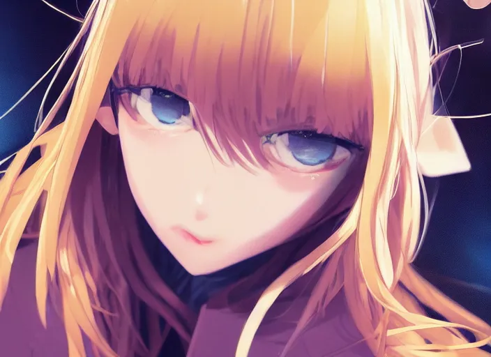 Image similar to teenage girl with sky blue straight hair, bangs, amber eyes, gold eyes, wearing a black jacket, high collar, ultra detailed, concept art, award winning photography, digital painting, cinematic, by wlop, anime key visual, closeup, pixiv, 8 k, yoshitaka amano, ilya kuvshinov,