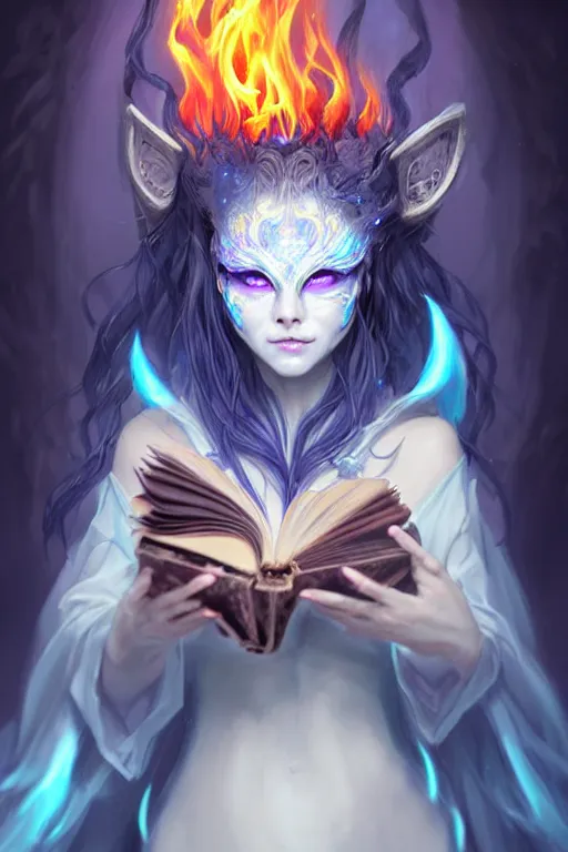 Image similar to gorgeous!!! hyper - realstic sorceress with a kitsune mask, holding a tattered magical book, casting a flame spell, blue flames | drawn by wlop, drawn by jeehyung lee, drawn by artgerm | fantasy, dark, intricate, highly detailed, digital painting, character design, concept art, illustration, artstation