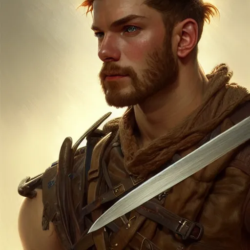 Image similar to portrait of a young rugged ranger, muscular, upper body, longsword, D&D, fantasy, intricate, cinematic lighting, highly detailed, digital painting, artstation, concept art, smooth, sharp focus, illustration, art by Artgerm and Greg Rutkowski and Alphonse Mucha