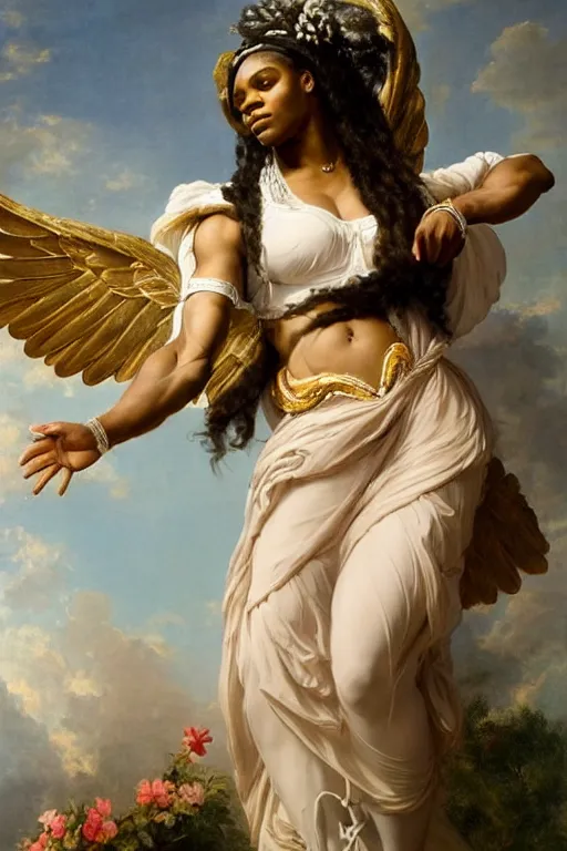 Image similar to Portrait of Serena Williams as Nike Goddess, large wings, luxuriant, dreamy, eternity, romantic, strong pose, highly detailed, in the style of Franz Xaver Winterhalter, highly detailed, in the style of Aetherpunk