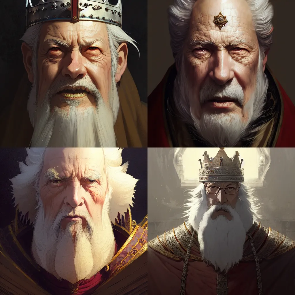 Prompt: portrait of a medieval old king, artstation, elegant, highly detailed, digital painting, concept art, smooth, sharp focus, illustration, art by greg rutkowski makoto shinkai takashi takeuchi studio ghibli, akihiko yoshida 8 k